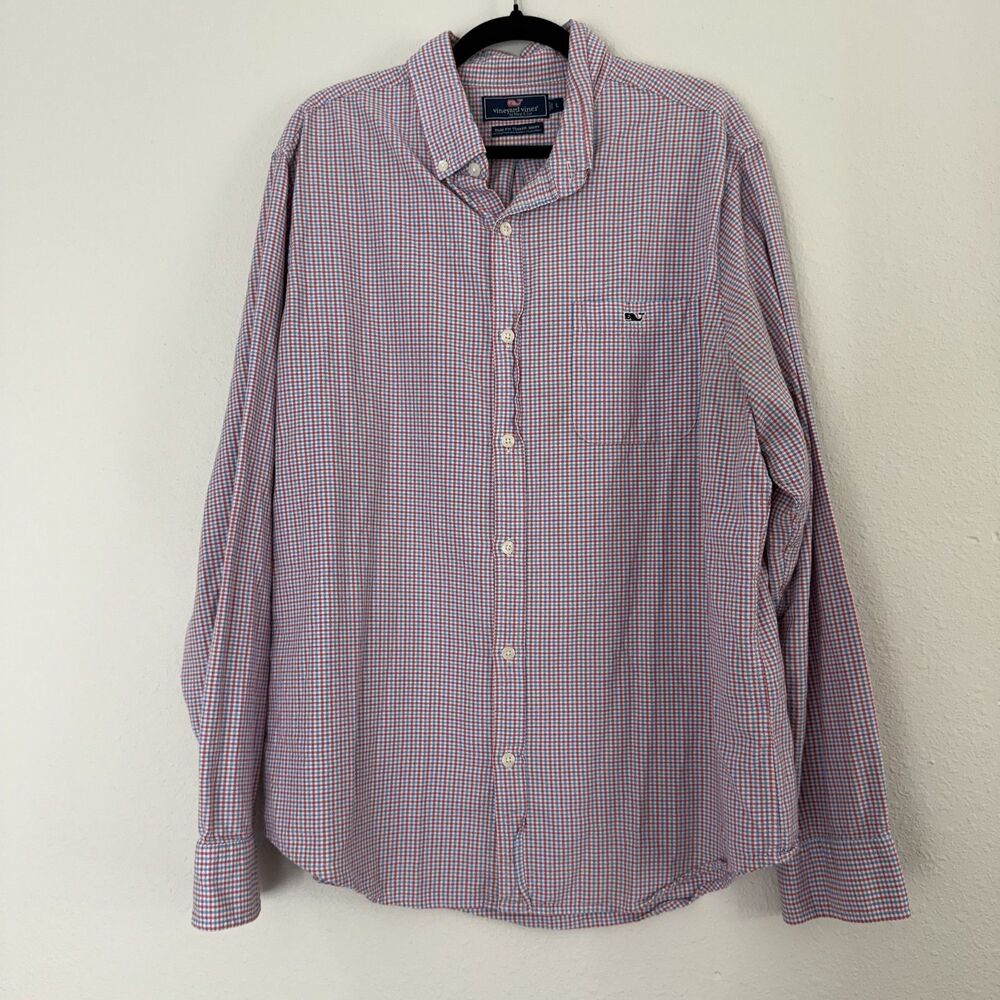 Vineyard Vines Shirt Mens Large Red Blue Plaid Slim Fit Whale Shirt Stretch
